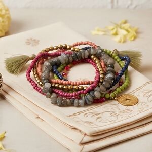 Artisanal Indian Boho Colorful Beaded Bracelet Set With Tassels & Gold Charm